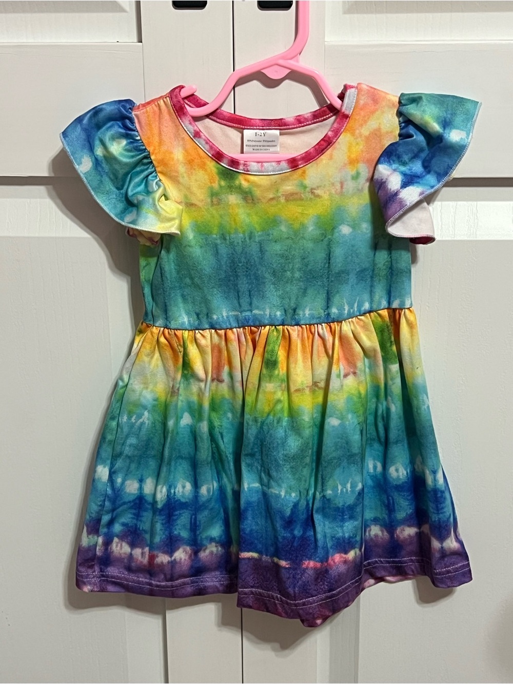 Girls Rainbow Tie-Dye Flutter Sleeve Dress - Multicolor